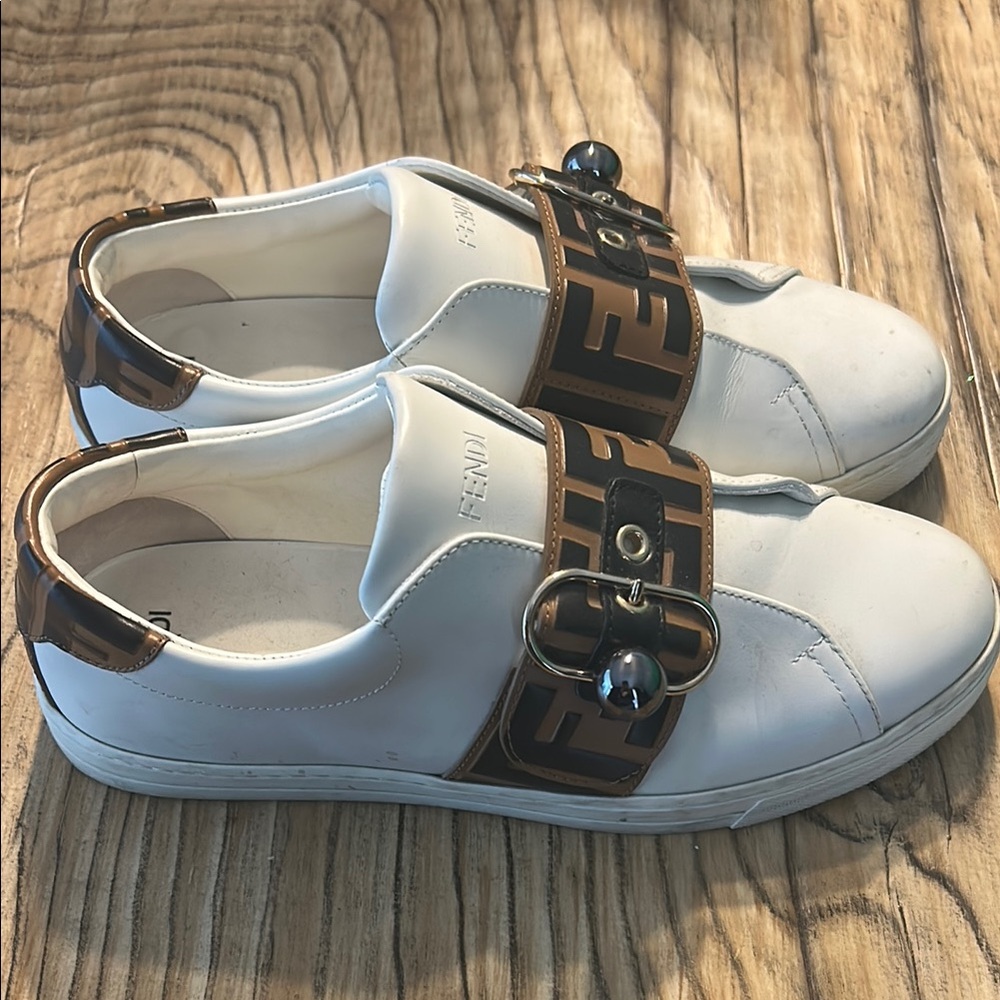 Fendi White and Brown Monogram Sneakers